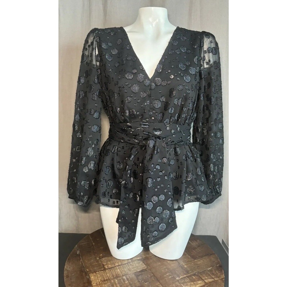 NEW J Crew Size S Black Blouse Jacquard Metallic Polka Dot Tie Waist Long Sleeve